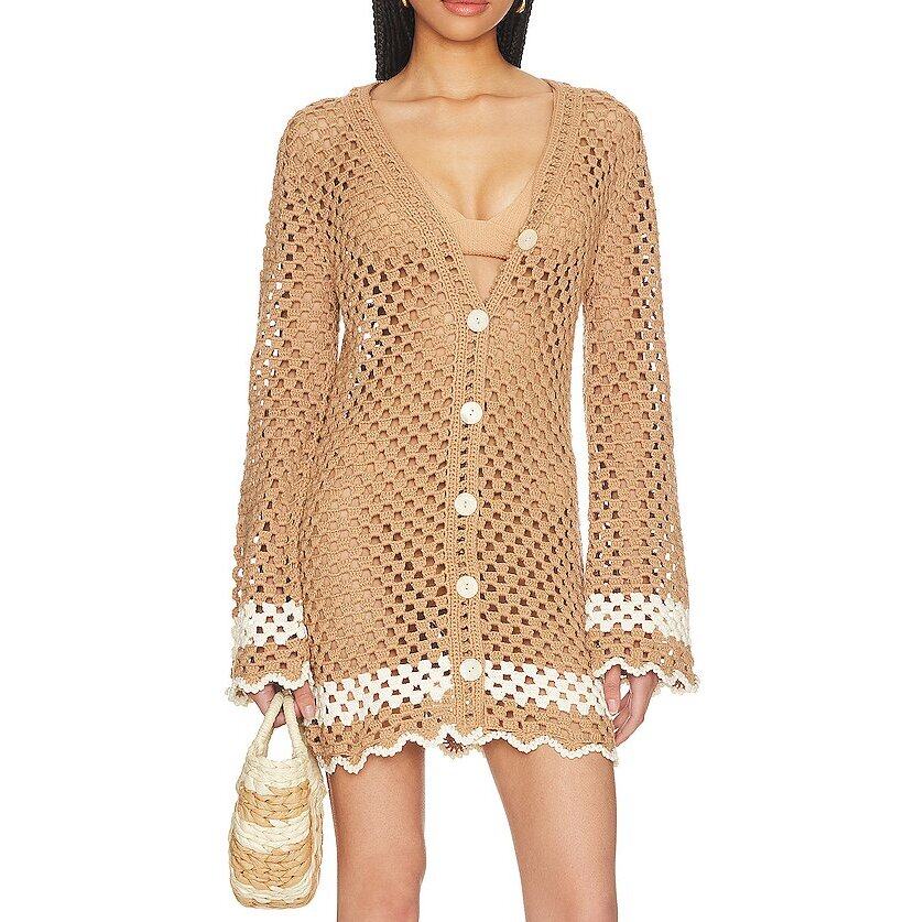 WOMEN BEACH TAN COVERUPS SWIMSUITS FRONT BUTTON SHEER KNIT CROCHET MINI DRESS