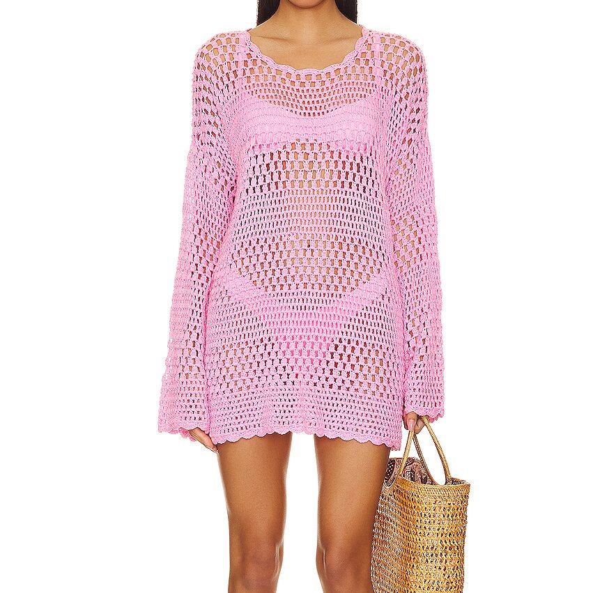 HOT SEXY PINK LONG SLEEVE SEE THROUGH CROCHET KNITTED COTTON COVER UPS AND SWIMSUITS MINI DRESSES FOR WOMEN