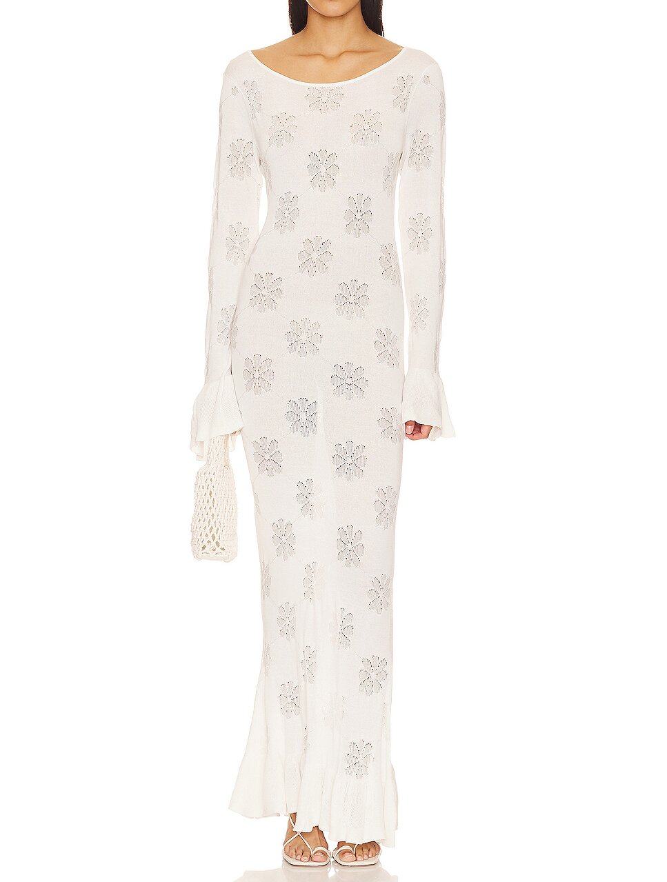 FASHION LADIES SEXY WHITE COTTON LONG BELL SLEEVE FLORAL JACQUARD KNIT MAXI DRESSES