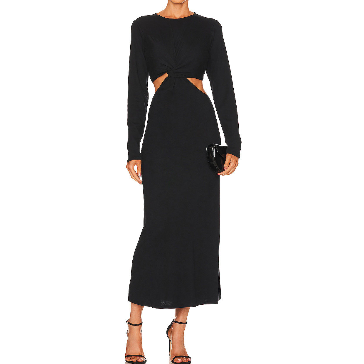 FASHION SEXY LONG SLEEVE CUT OUT TWIST FRONT BLACK KNITTED MAXI DRESS FOR WOMEN