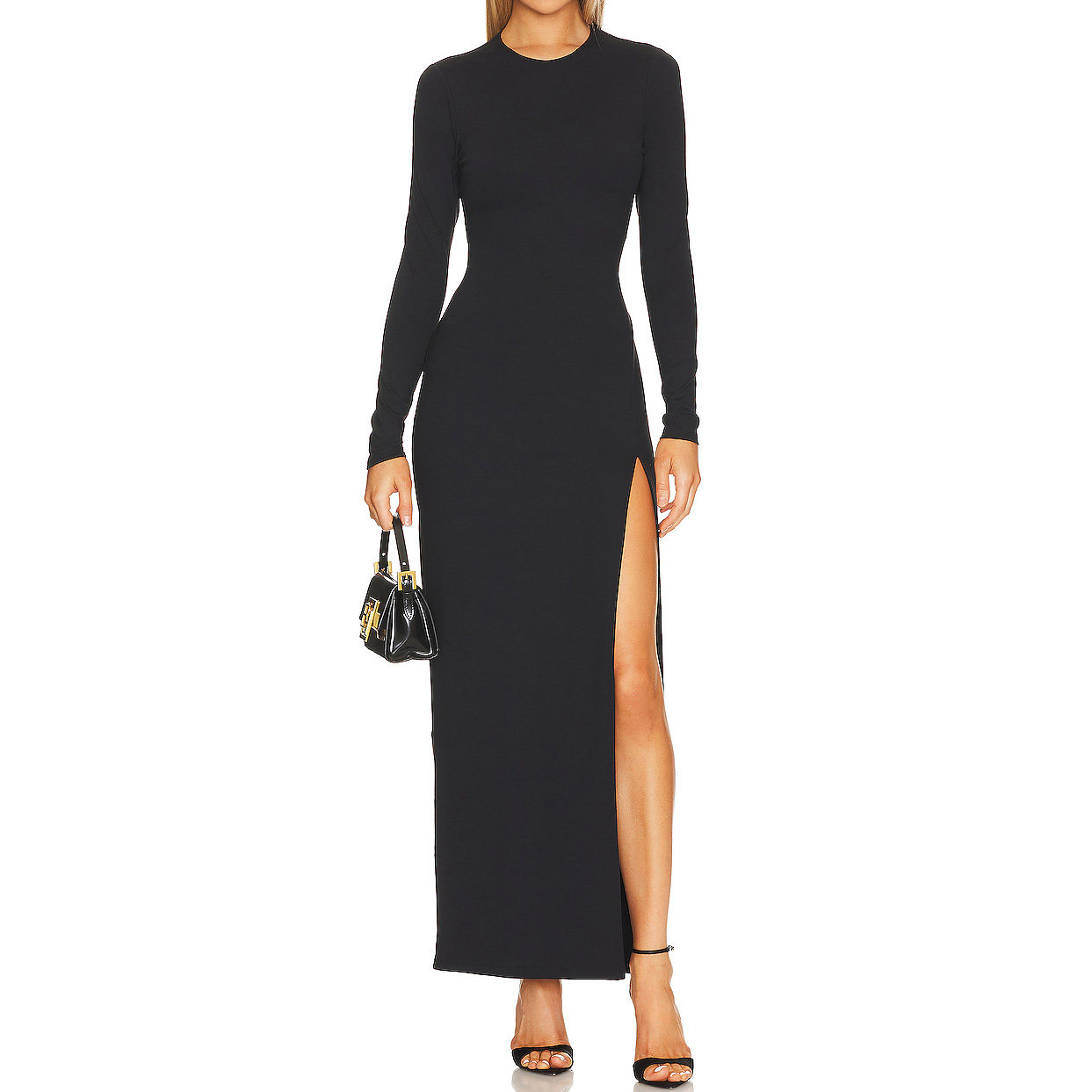 CUSTOMIZED SEXY LONG SLEEVE BODYCON BLACK KNITTED MAXI HIGH SPLIT DRESS FOR WOMEN