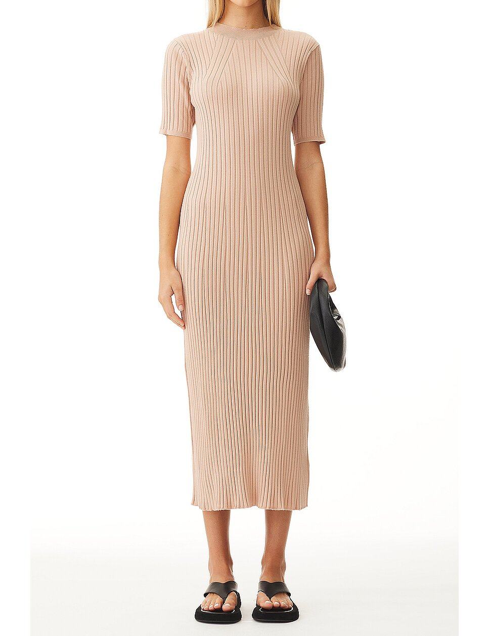 CASUAL SKINNY SHORT SLEEVE BODYCON NUDE SWEATER MIDI DRESS FOR WOMEN