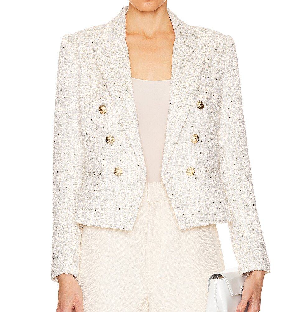 FASHION LADIES ELEGANT LONG SLEEVE VINTAGE DOUBLE BREASTED WHITE CLASSIC TWEED JACKETS