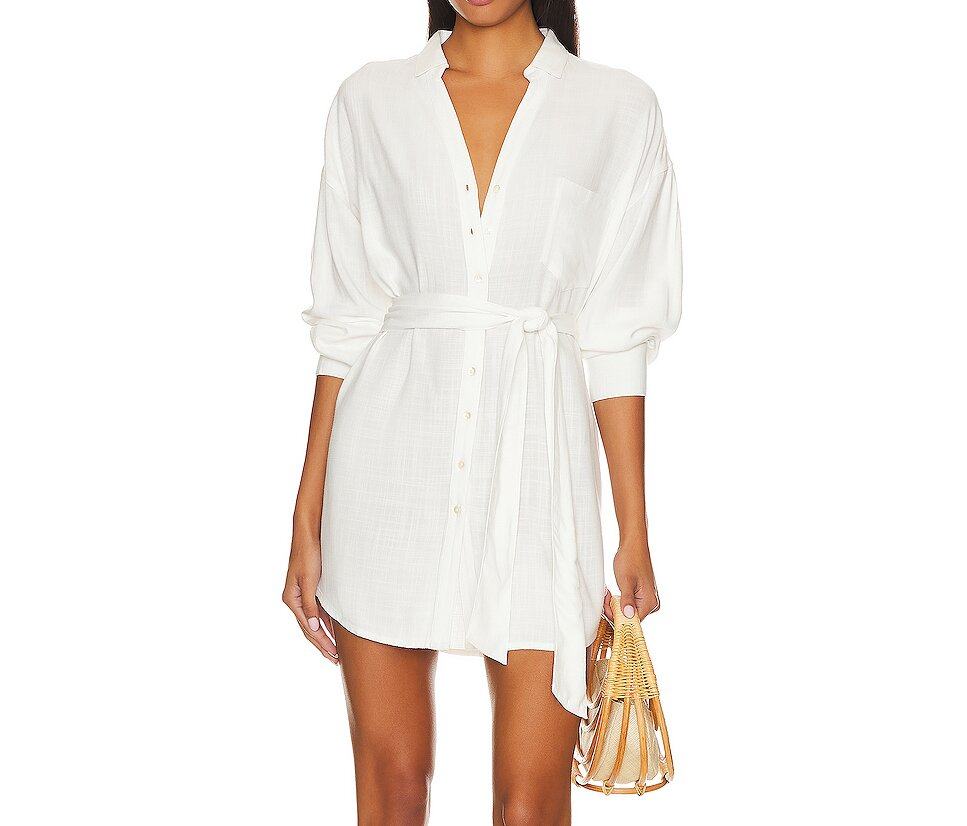 CUSTOMIZE LOGO CLASSIC BASIC BUTTON FRONT BELTED COTTON LINEN WHITE SHIRT MINI DRESSES FOR WOMEN