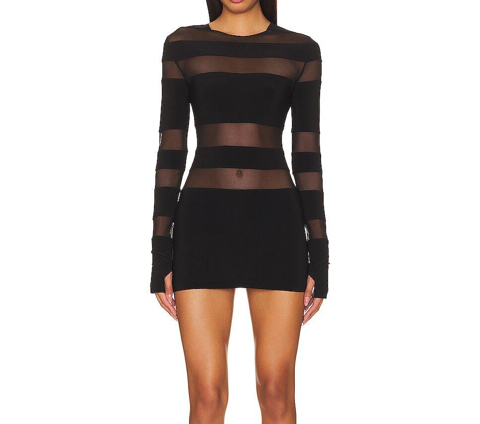 SEXY WOMEN TRANPARENT MESH BLACK BODYCON LONG SLEEVE MINI DRESSES