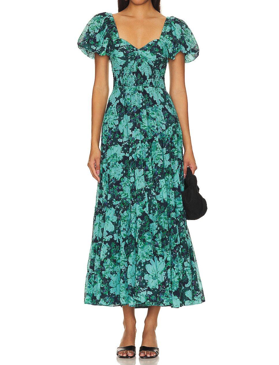 SUMMER GREEN FLOWER PRINT VINTAGE SHORT PUFF SLEEVE MIDI DRESSES FOR WOMEN