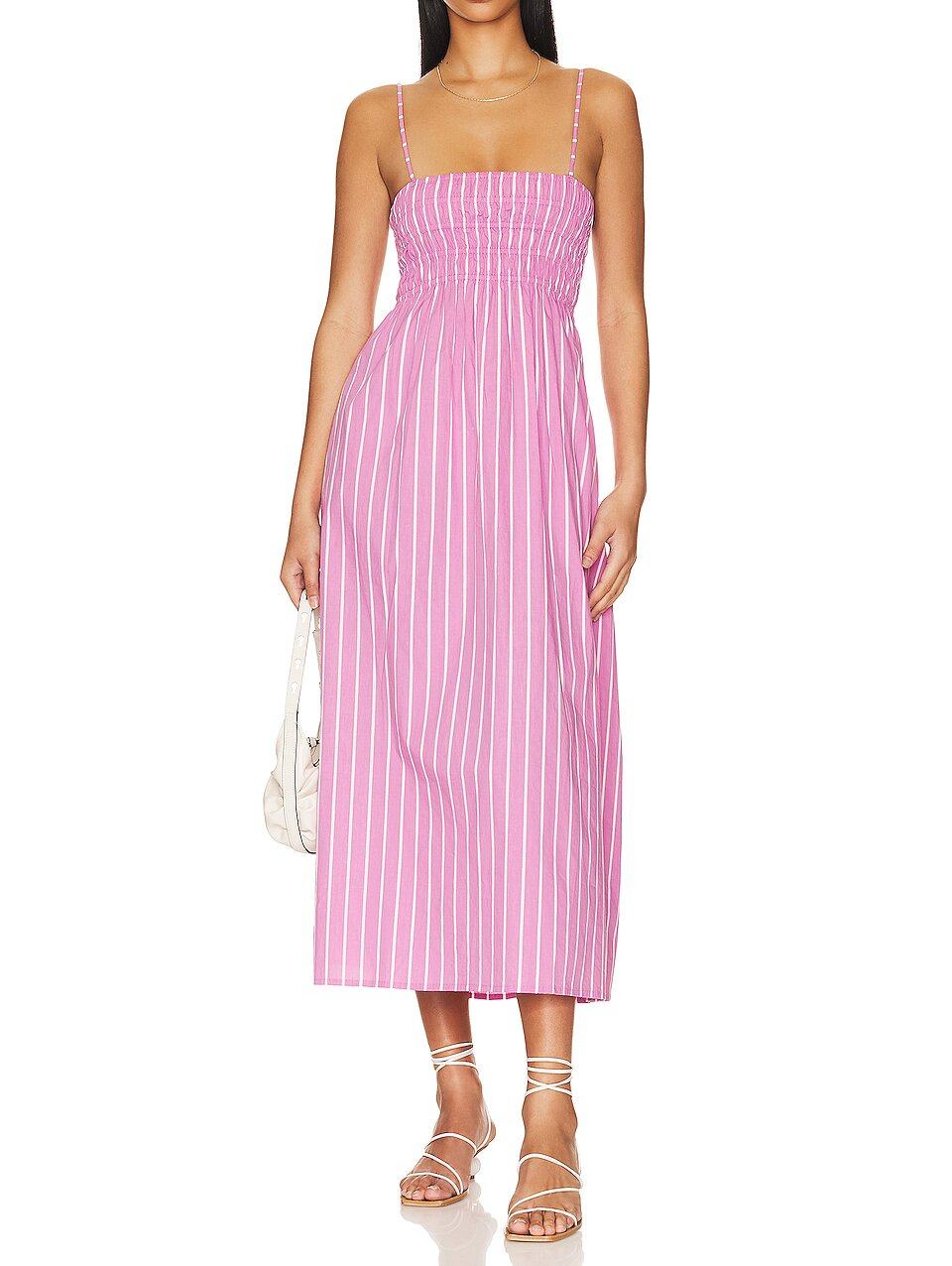 COTTON FABRIC ADJUSTABLE STRAPS SLIP PINK STRIPED MIDI TANK DRESSES FOR WOMEN