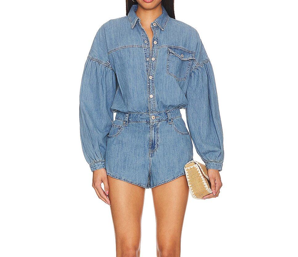   FASHION WOMEN VINTAGE LONG SLEEVE BUTTON UP DENIM BLUE SHORTS ROMPERS