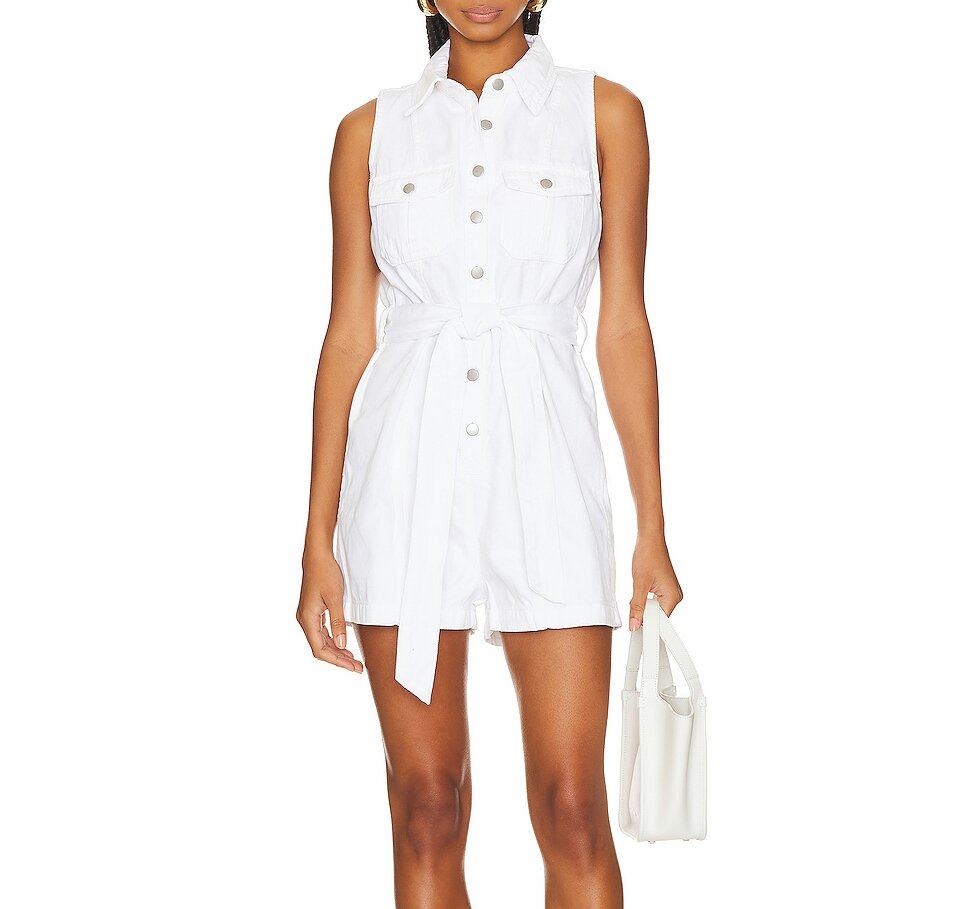 CASUAL WOMEN SUMMER SLEEVELESS PURE WHITE DENIM BELTED SHORT ROMPERS JUMPSUITS