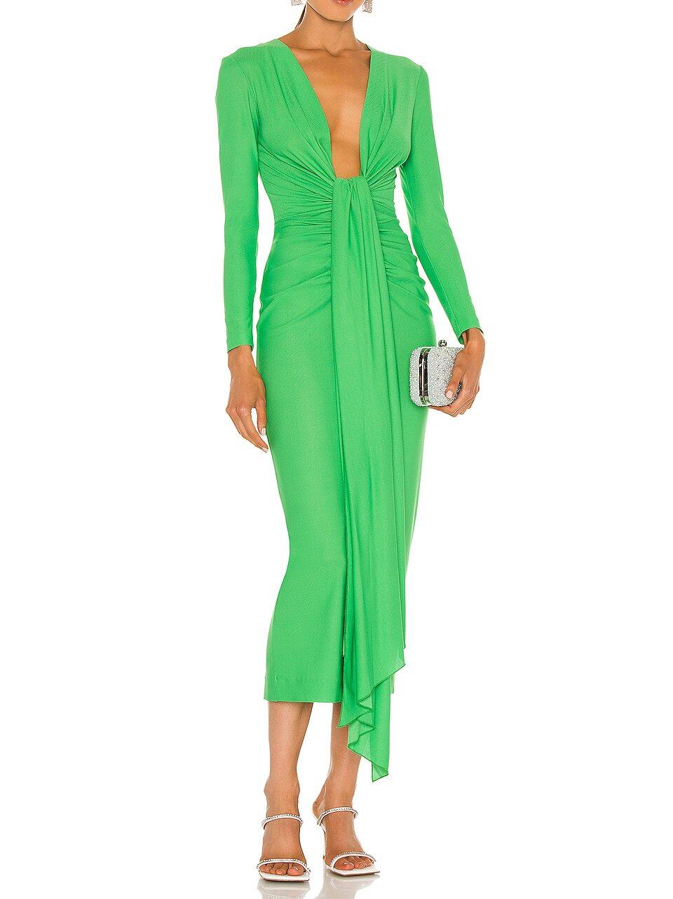 CUSTOMIZED DEEP V SEXY ELEGANT WOMEN COCKTAIL LONG SLEEVE GREEN RUCHED FRONT WITH KNOT DRAPED GREEN MIDI DRESSES