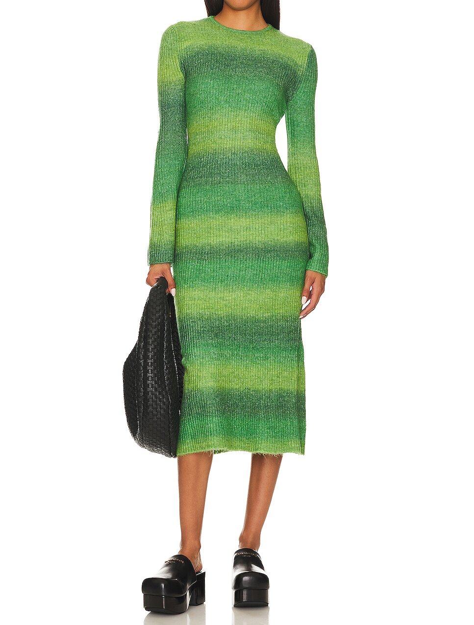 CUSTOMIZED WOMEN GREEN MULTI LONG SLEEVE LIGHTWEIGHT RIBBED KNIT MIDI SWEATER DRESSES