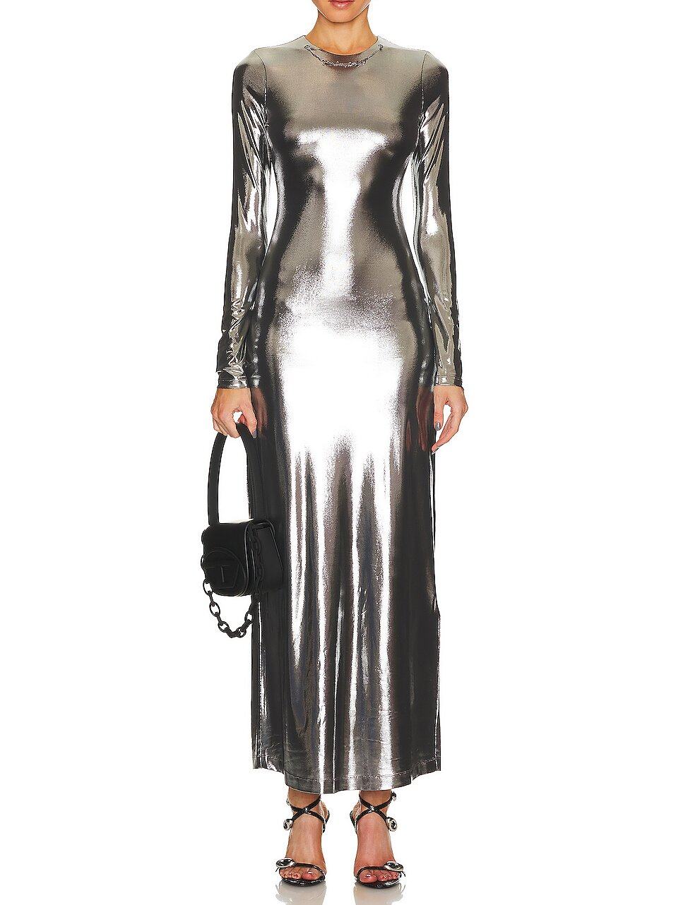 FASHION WOMEN CREWNECK LONG SLEEVE MELTALIC SILVER MAXI DRESSES