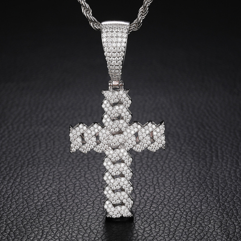 Silver 925 Moissanite Cuban Link Cross Pendant