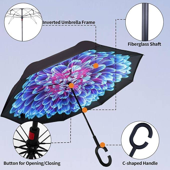 反向倒置雨伞,带 C 形手柄,防紫外线防水雨伞男女适用