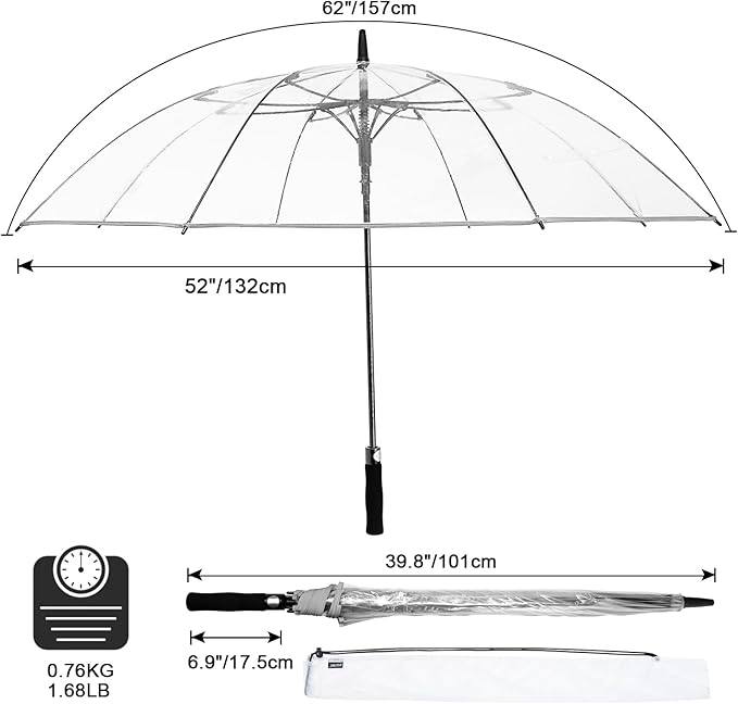 62 Inch Transparent Golf Umbrella Transparent Automatic Opening Big Stick Umbrella Extra Large Umbrella Windproof Waterproof Strap Cover Suitable for Women Men