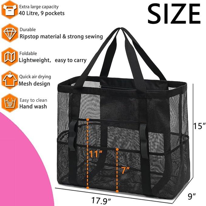 Mesh Beach Bag, Large Beach Tote with Zipper Pocket for Family Pool Bag for Toys & Vacation Essentials