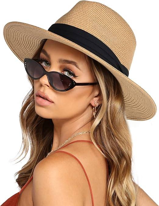 Women's Men's Wide Brim Straw Panama Hat Fedora Summer Beach Sun Hat UPF Women's Straw Hat