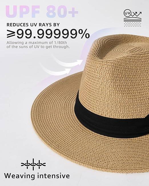 Women's Men's Wide Brim Straw Panama Hat Fedora Summer Beach Sun Hat UPF Women's Straw Hat