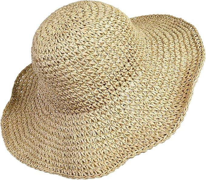 Women Straw Hat Wide Brim Beach Sun Cap Foldable Large Lady Floppy 100% Natural Paper Braided for Travel Decoration Summer Vacation Soft Lightweight and Breathable (Beige)