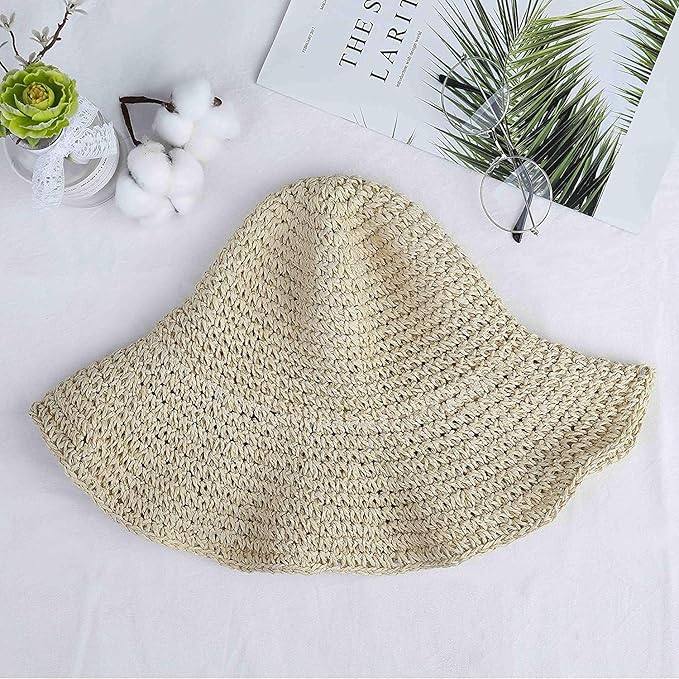 Women Straw Hat Wide Brim Beach Sun Cap Foldable Large Lady Floppy 100% Natural Paper Braided for Travel Decoration Summer Vacation Soft Lightweight and Breathable (Beige)