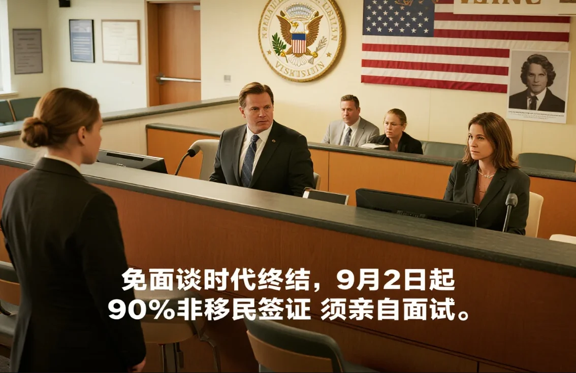 【腾飞移民】2025年9月2日起，美国非移民签证免面谈许可大幅收紧，90%申请者须亲赴使馆面试！
