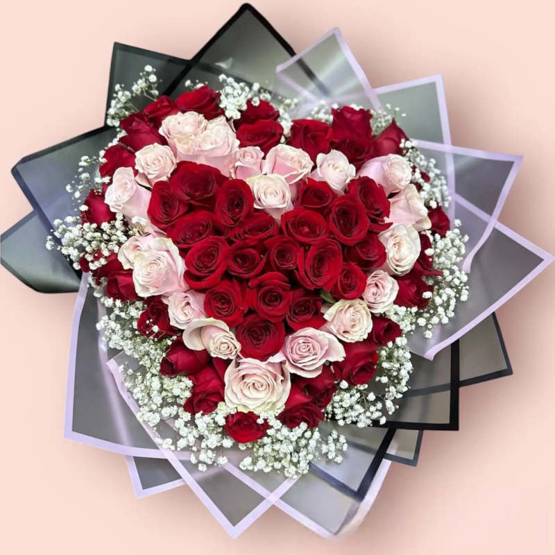 100 roses Heart Shaped Bouquet and baby breath