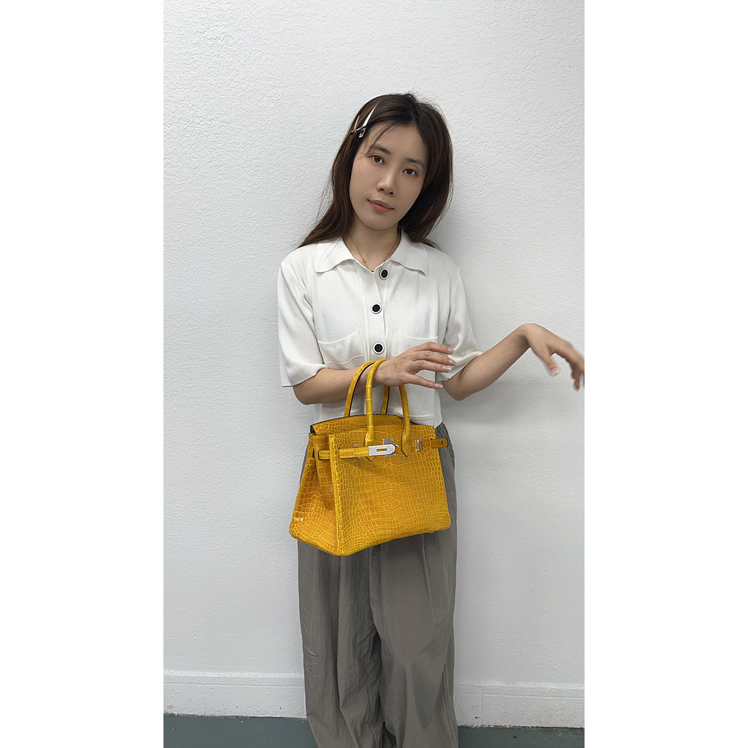 Birkin 30'  9D Jaune Amber Shiny Alligator leather PHW