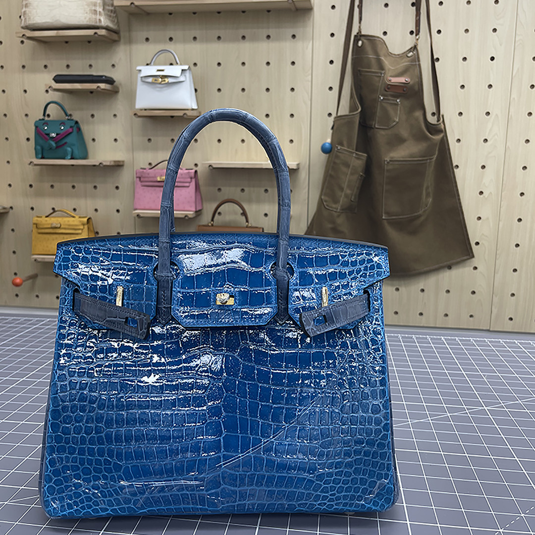 Birkin 30' 7W Blue lzmir/7P Blue De Presse Shiny Crocodile Porosus  GHW