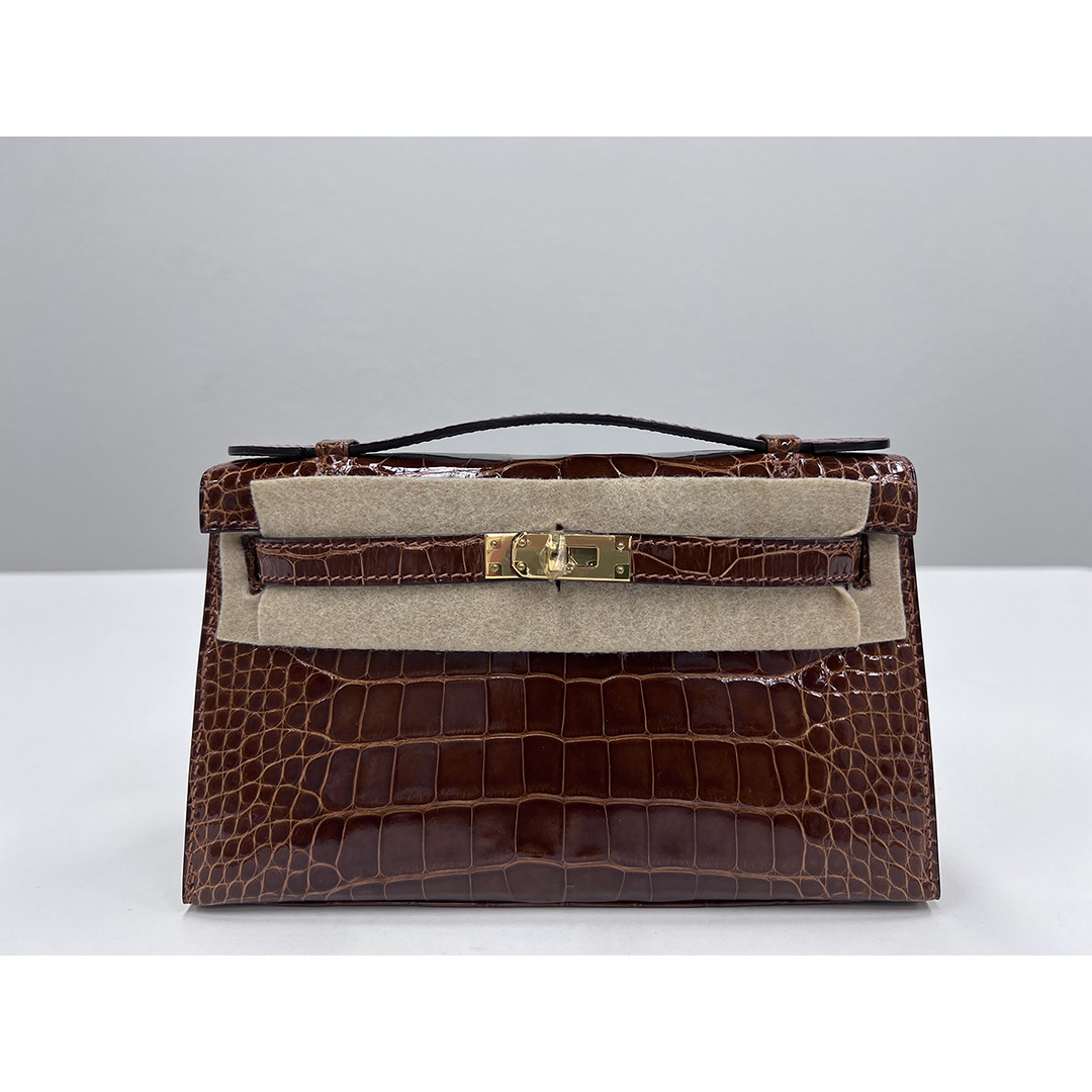 Kelly Pochette 33 Miel Shiny Alligator leather GHW