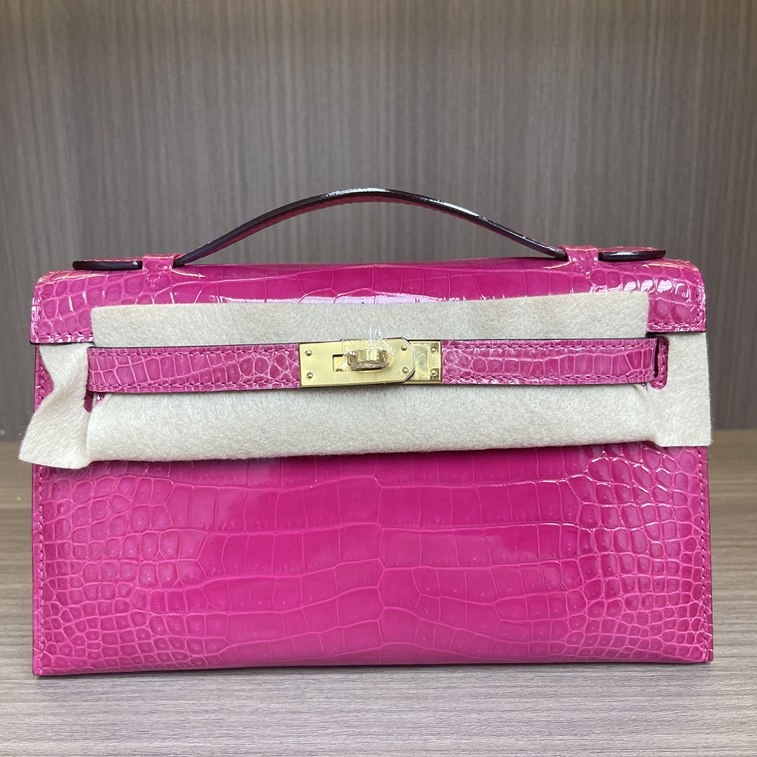 Kelly Pochette J5 Rose Sheherazade Shiny Alligator leather GHW