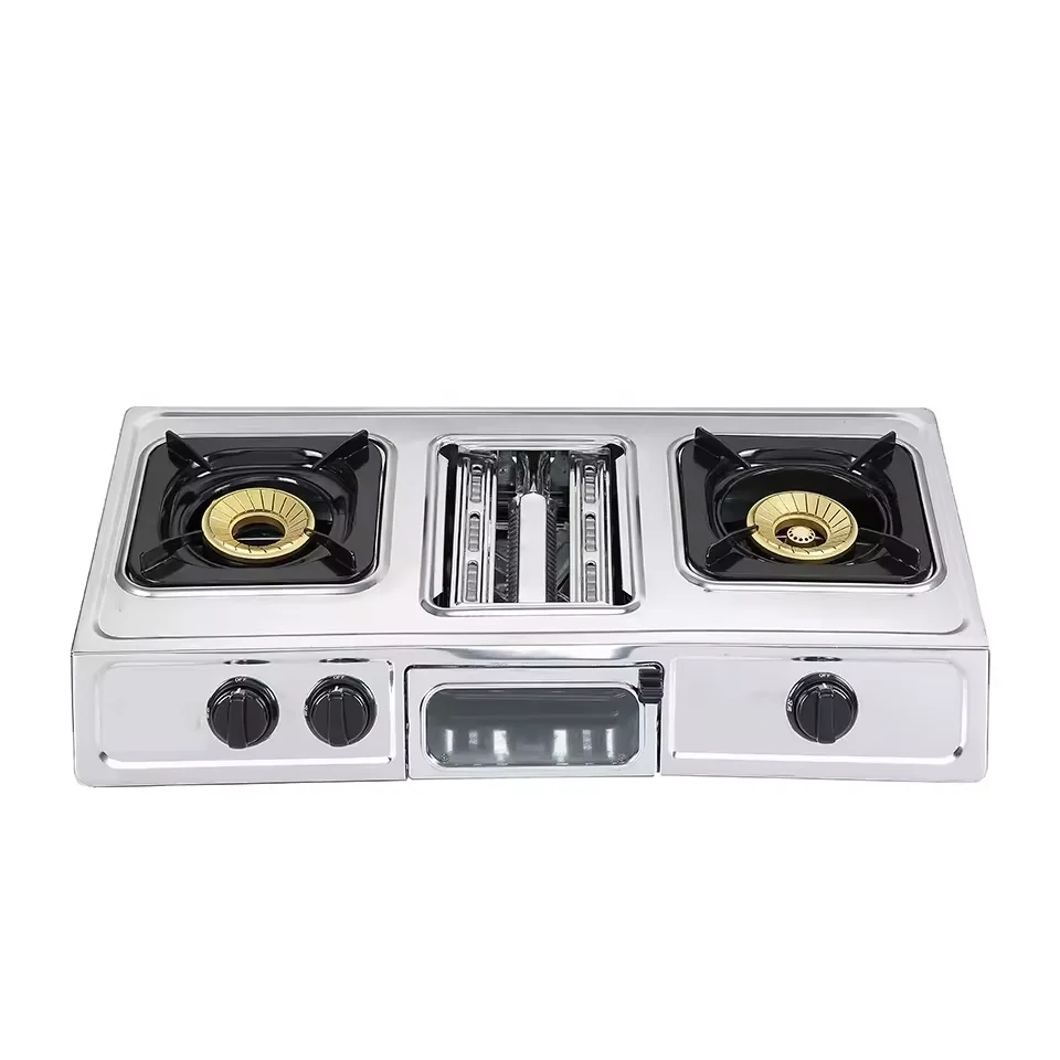 GP8015-Stainless Steel Brass 2 Burner 3 in 1 Gas Stove And Oven Grill