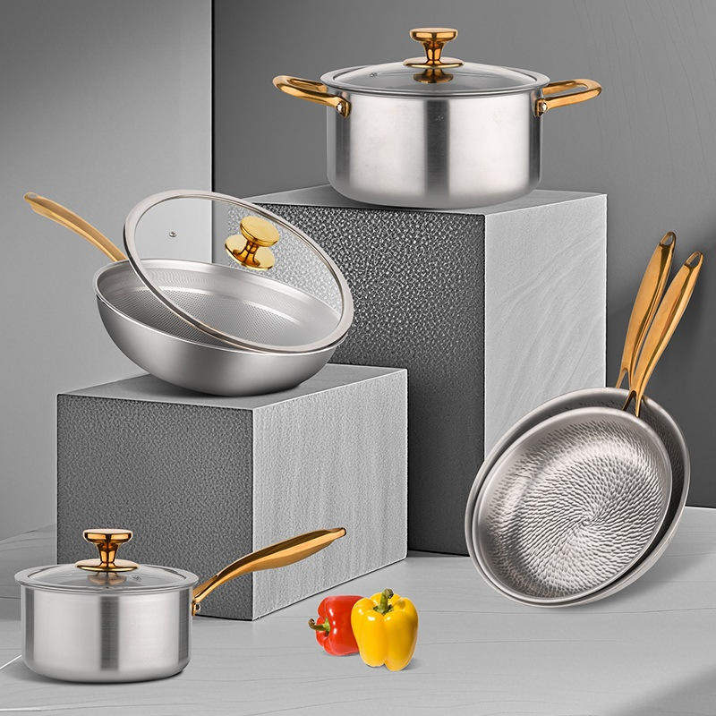 KT76 Pure Titanium Uncoated Non-Stick Wok Soup Milk Pot and Frying Pan Set with Glass Cover Gilt Metal Pot Full Set