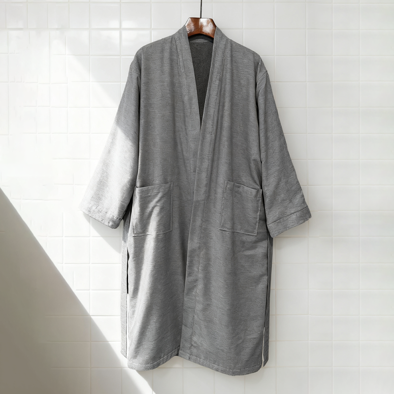 Double-layered cotton bathrobe with kimono collar
