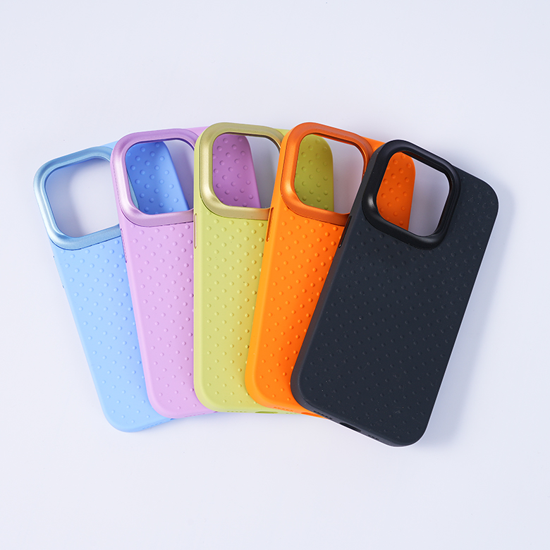 Liquid silicone phone case with metal frame wave point