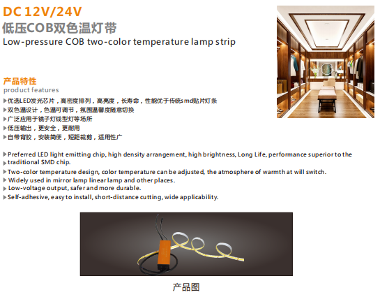 A-end low-voltage COB dual color temperature light strip