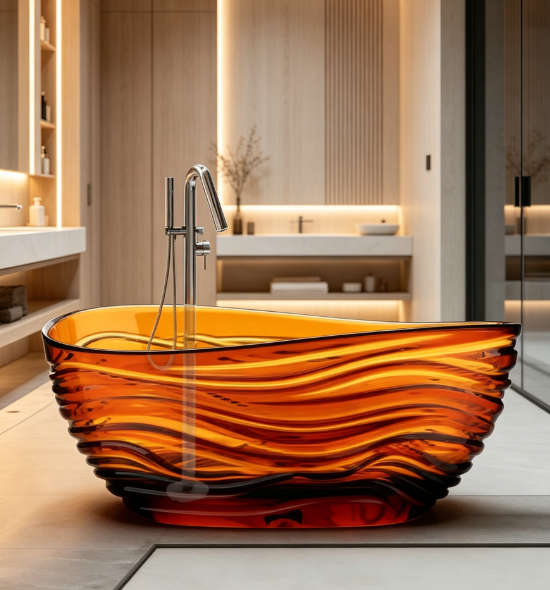 MM1075 Transparent Bathtub Resin Freestanding Wave Pattern Crystal Colored Bathtub with Drain
