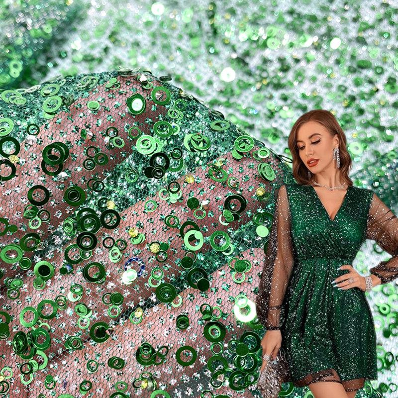 Green Embroidered Glitter Sequin Mesh Fabric