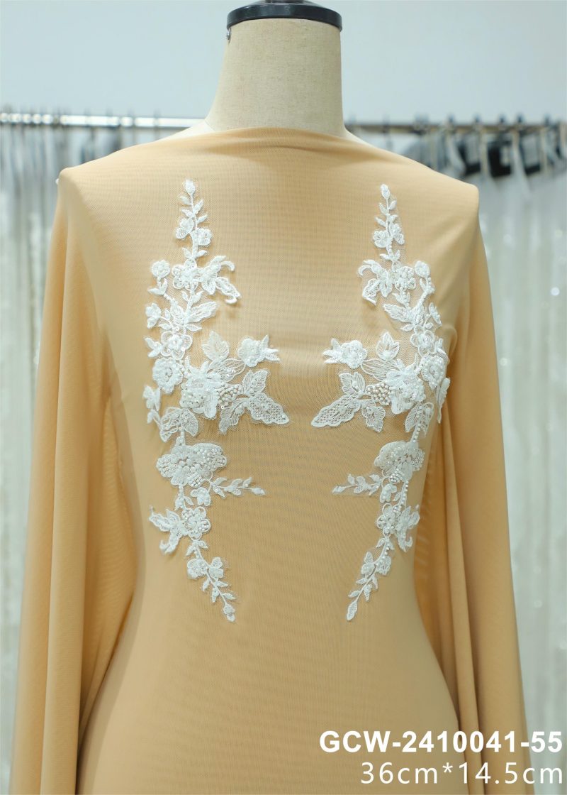 Bridal 3D Sequin Embroidery  floral embroidered cord mesh lace applique pair