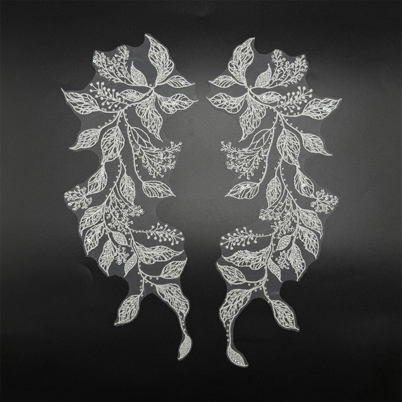 GCW-JY02-LD80594ZAP Beaded Leaf Vine Bodice Applique Pair for Bridal Wedding Dresses