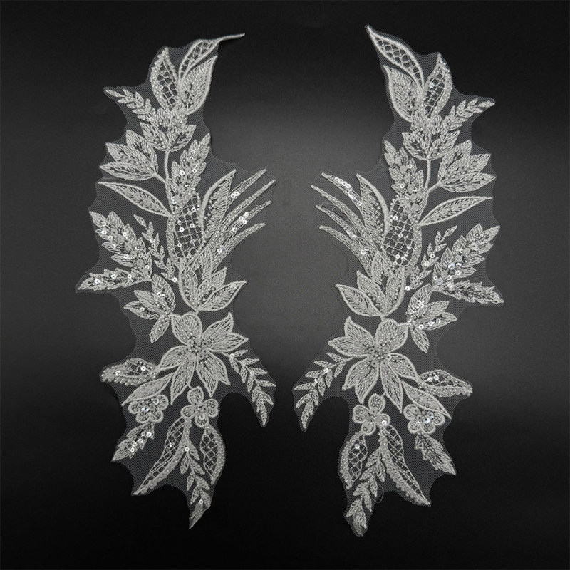 GCW-JY05-LD80580ZA Beaded Floral Feather Bodice Applique Pair for Bridal Wedding Dresses