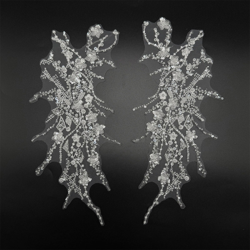 GCW-JY08-LD80581-ZAP Beaded Floral Vine Bodice Applique Pair for Bridal Wedding Dresses