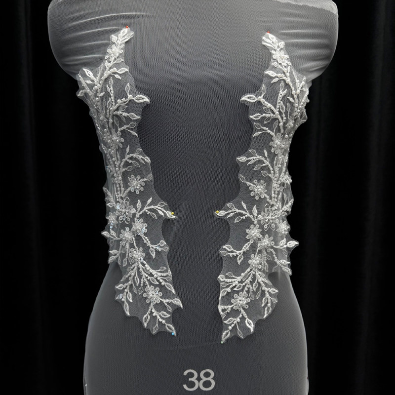 GCW-JY09-LD80633ZAP Exquisite Leaf Vine Lace Applique Pair for Bridal Couture