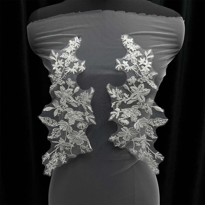 GCW-JY11-LD80632ZA Beaded Floral Bodice Applique Pair for Bridal Wedding Dresses