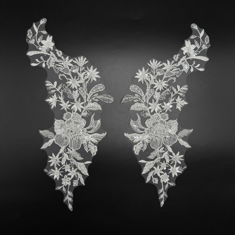 GCW-JY12-LD80559ZAP Beaded Large Floral Bodice Applique Pair for Bridal Wedding Dresses