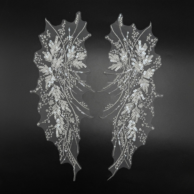 GCW-JY13-LD80642ZA Beaded Cascading Vine Bodice Applique Pair for Bridal Wedding Dresses