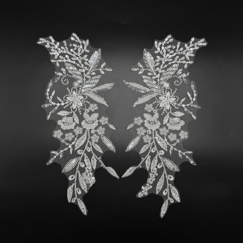 GCW-JY15-LD80637ZAP Beaded Botanical Floral Bodice Applique Pair for Bridal Wedding Dresses