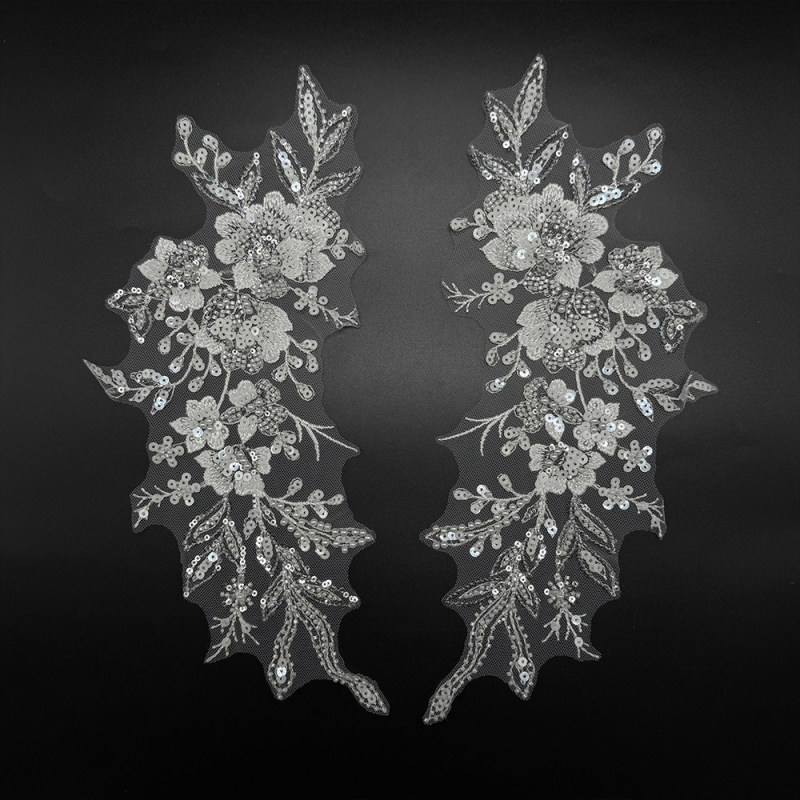 GCW-JY18-LD80582ZAP- Beaded Cascading Floral Bodice Applique Pair for Bridal Wedding Dresses