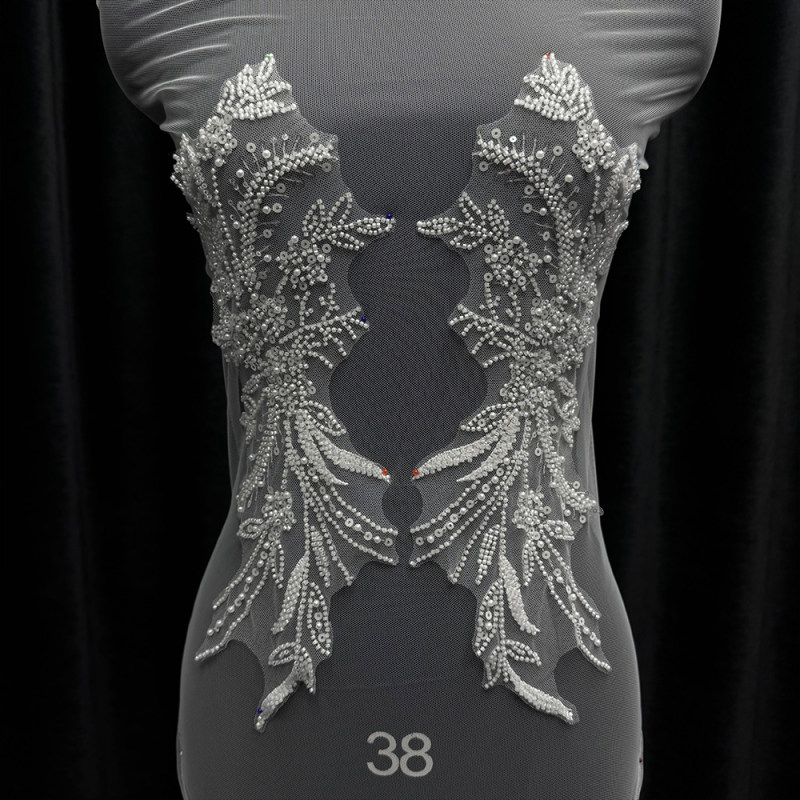 GCW-JY20-LD80611ZAP- Beaded Floral Feather Bodice Applique Pair for Bridal Wedding Dresses