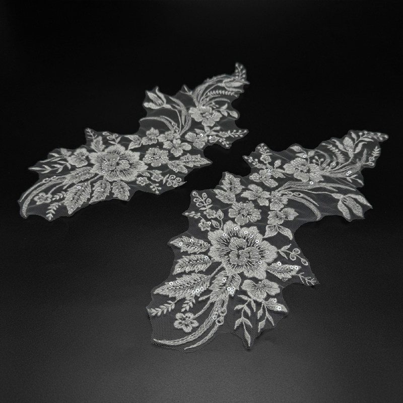 GCW-JY21-LD80638ZAP - Exquisite Embroidered Lace Applique Pair for Bridal & Couture Designs