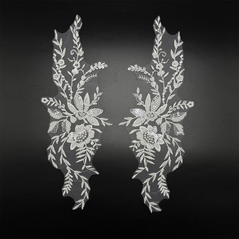 GCW-JY22-LD80650ZAP Beaded Botanical Floral Bodice Applique Pair for Bridal Wedding Dresses